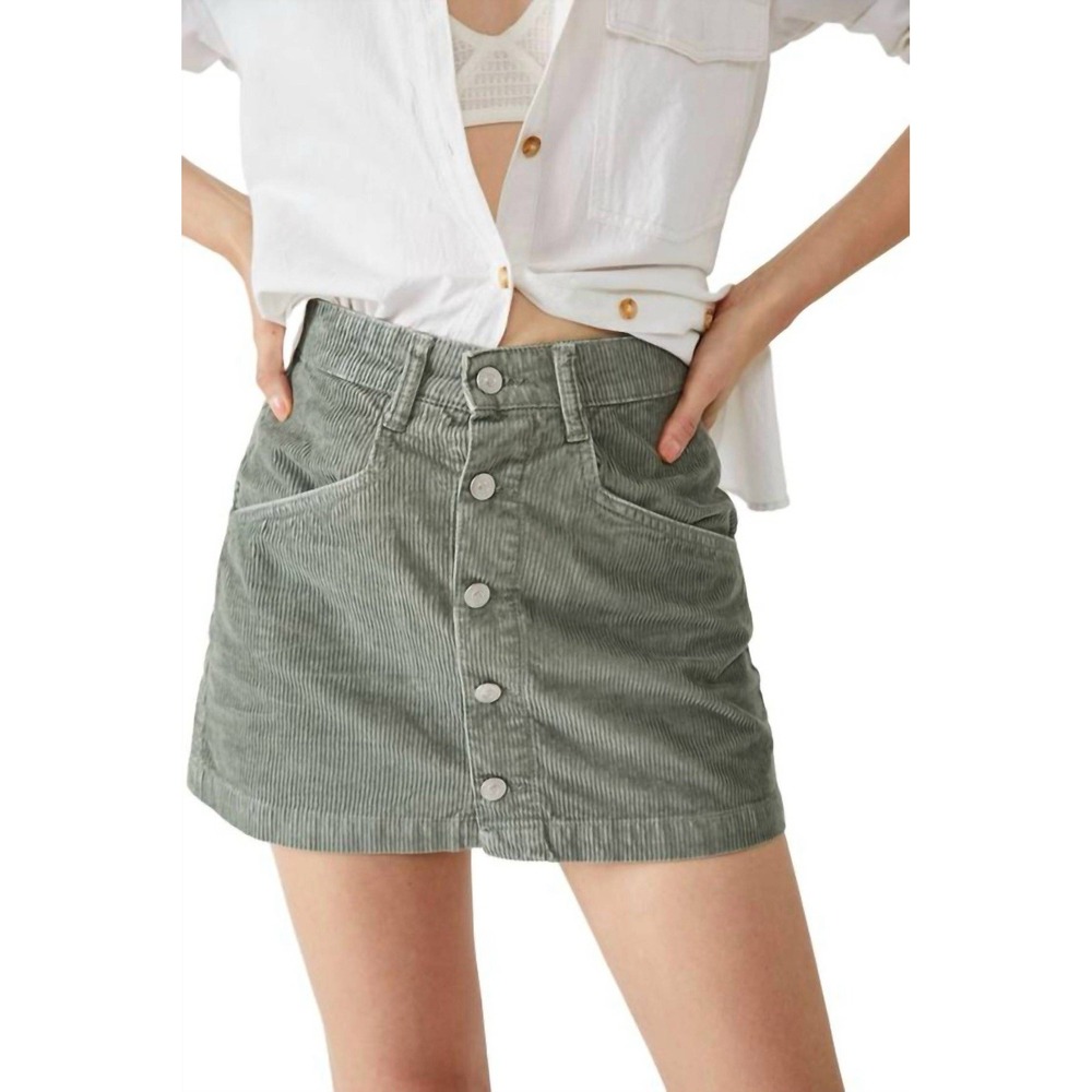 Free People Ray Cord Mini Skirt Washed Army Green Corduroy Button Front 2/6
